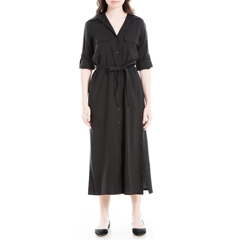 Max Studio Roll Tab Sleeve Shirt Dress in Black